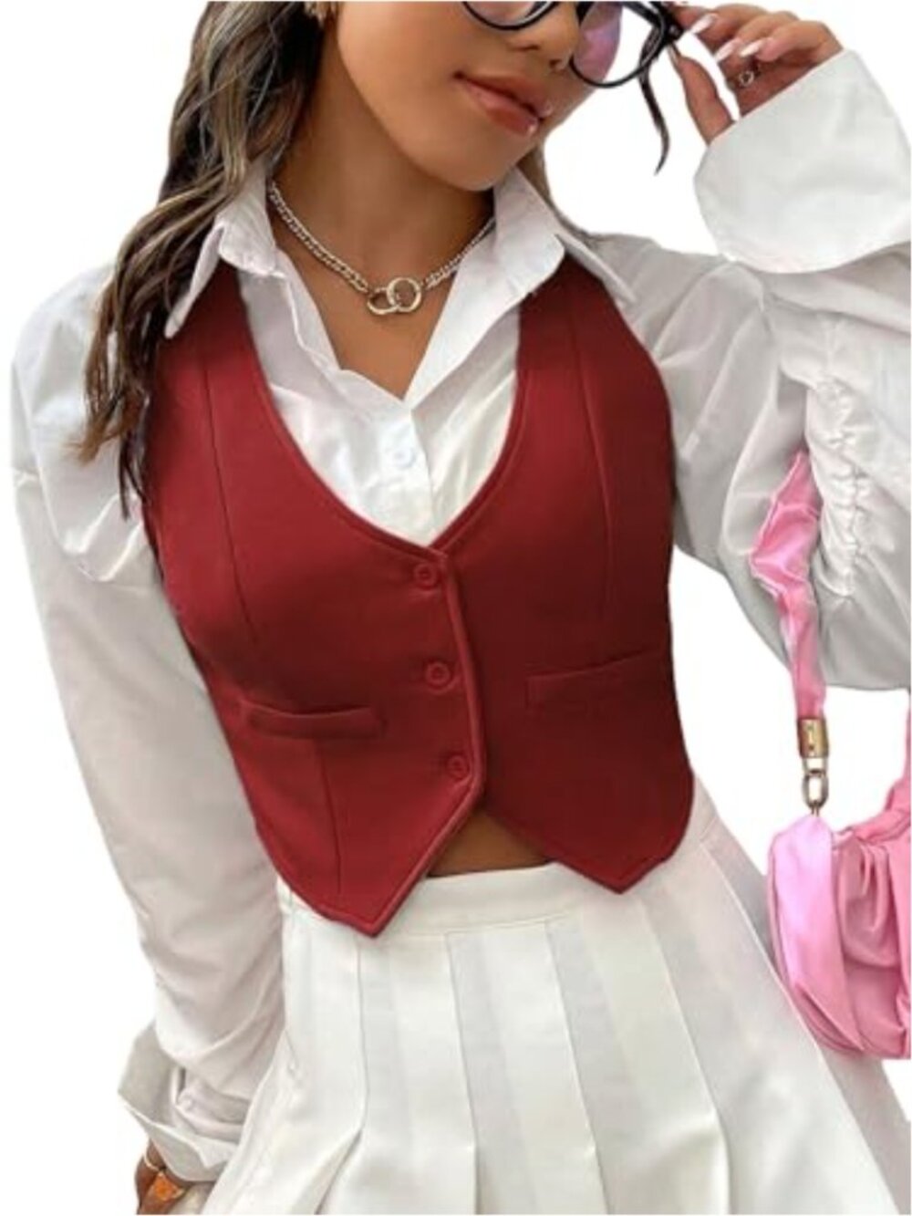SweatyRocks Women's Button Front Crop Waistcoat V Neck Sleeveless Blazer